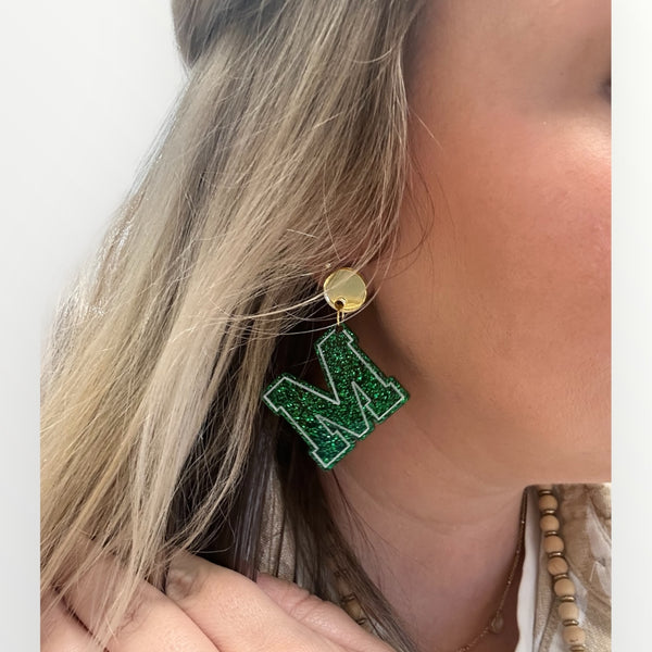 M Green Glitter Dangle Earrings