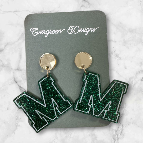 M Green Glitter Dangle Earrings