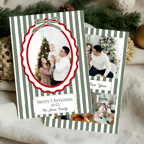 Green Stripe with Oval Frame Christmas Card- Digital Download